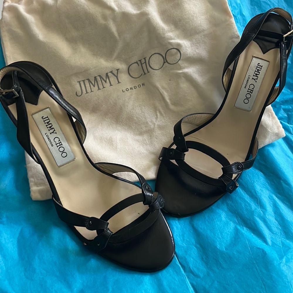 Jimmy Choo black leather strappy detail heel size 40